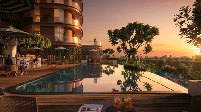 Eldeco Terra & Sol — pool deck at sunset render