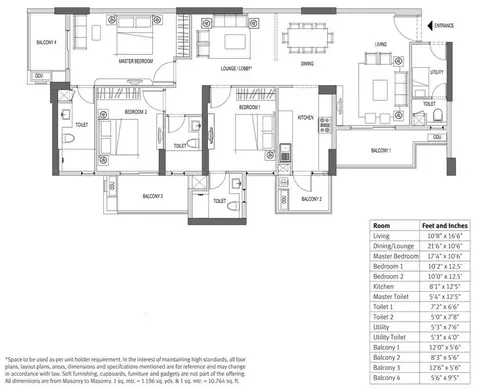 Emaar Palm Heights 3 BHK + Lounge + Utility floor plan