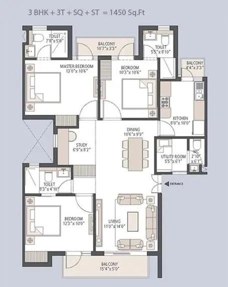 Emaar Palm Hills 3BHK+SQ+ST+3T floor plan