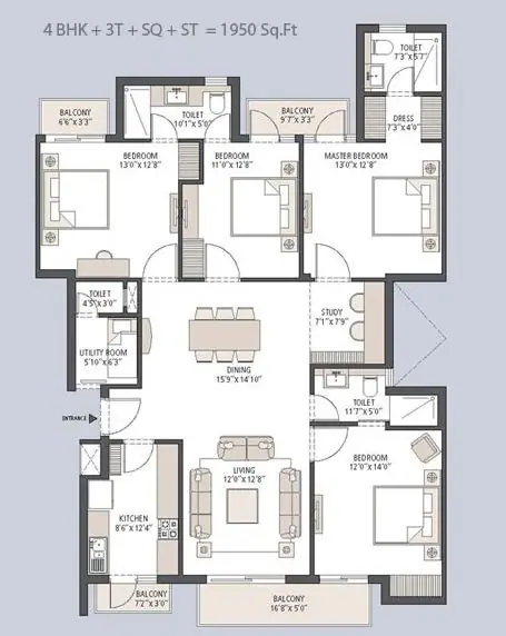 Emaar Palm Hills 4BHK+SQ+ST+3T floor plan