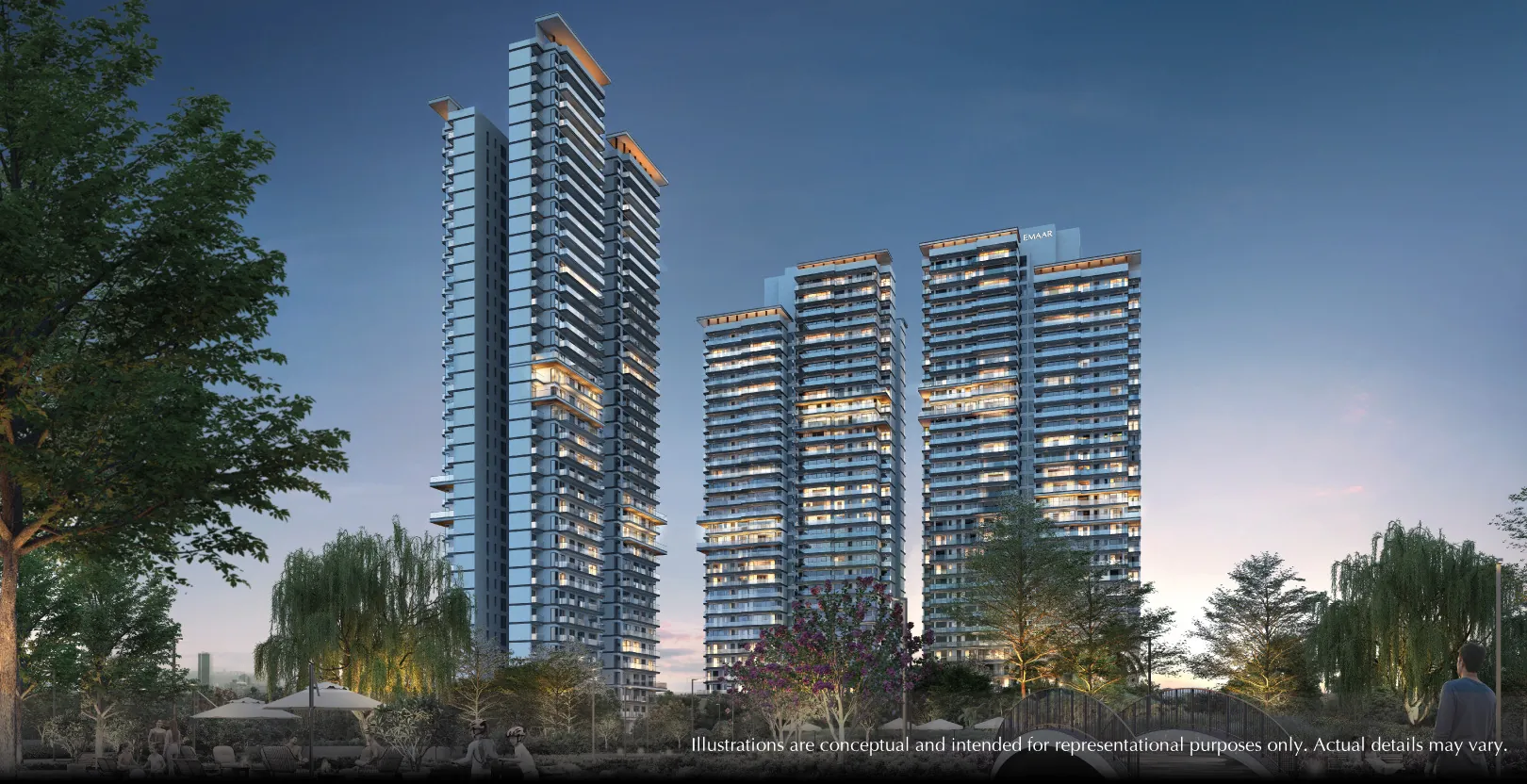 Emaar Serenity Hills Gurugram — towers at dusk render
