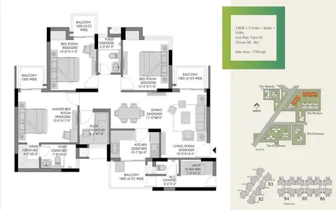 Experion Heartsong 3 BHK + SQ floor plan