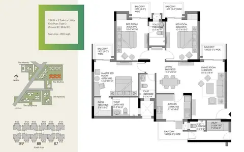 Experion Heartsong 3 BHK + SQ floor plan