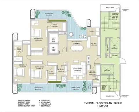 Ganga Anantam 3 BHK + S + Ut floor plan