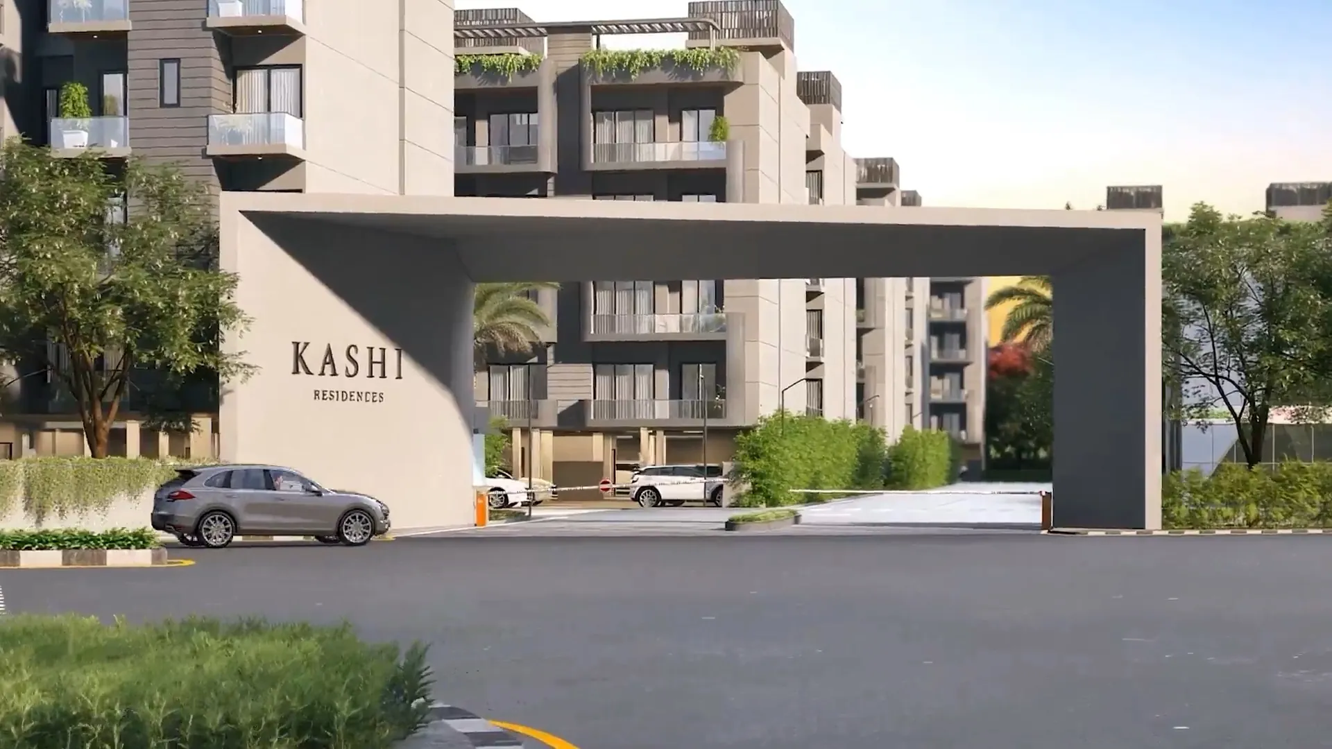 Ganga Kashi — entrance gate with low-rise floors render (frame from official banner video)