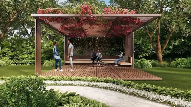 Ganga Kashi — landscaped pergola deck render (frame from official banner video)