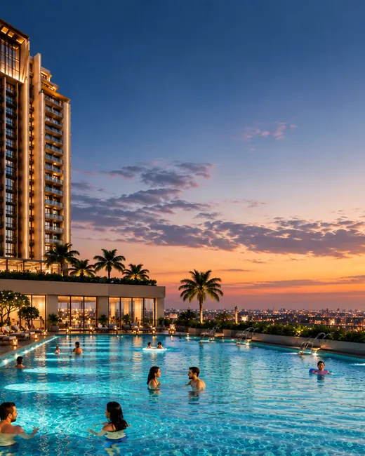 Ganga Nine Zero tower and infinity pool at sunset