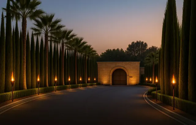 Flambeau Boulevard entrance with bronze torches
