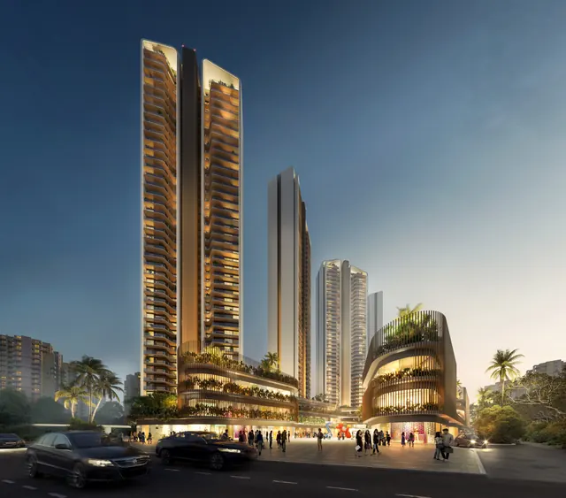 Ganga Realty Nandaka — tower elevation at dusk