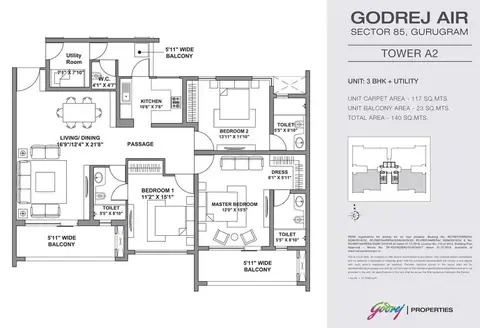 Godrej Air 3 BHK + Utility floor plan
