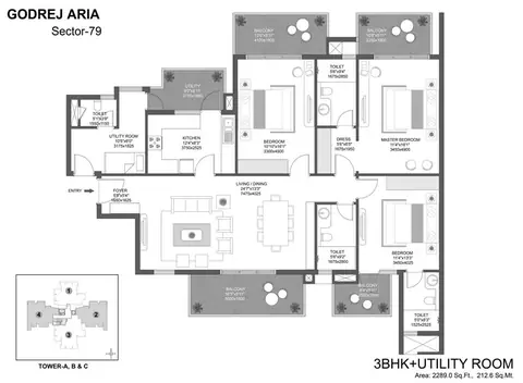 Godrej Aria 3 BHK + SQ floor plan