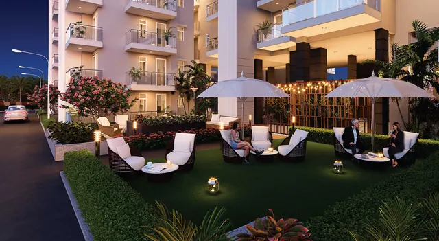 Godrej Arista — landscaped seating court at dusk