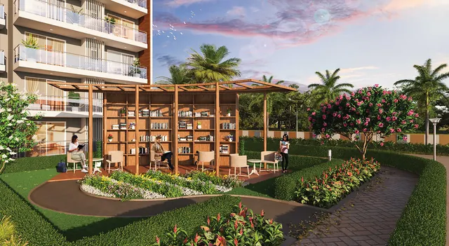 Godrej Arista — garden pergola and library