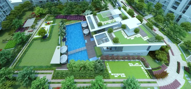 Godrej Oasis — aerial view of clubhouse and pool