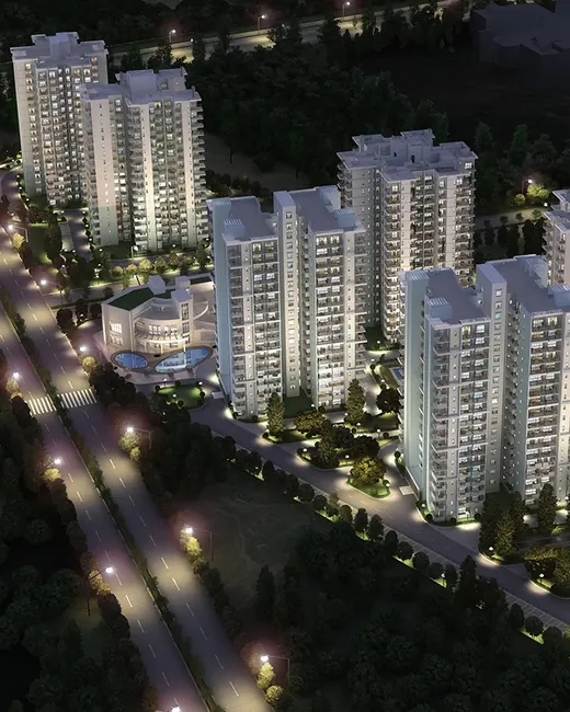 Godrej Summit — aerial view of towers at night