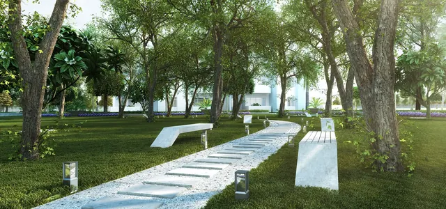 Godrej Summit — landscaped garden walkway