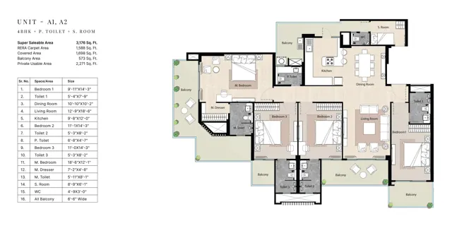 Golf Island 4 BHK + SQ (A1, A2) floor plan