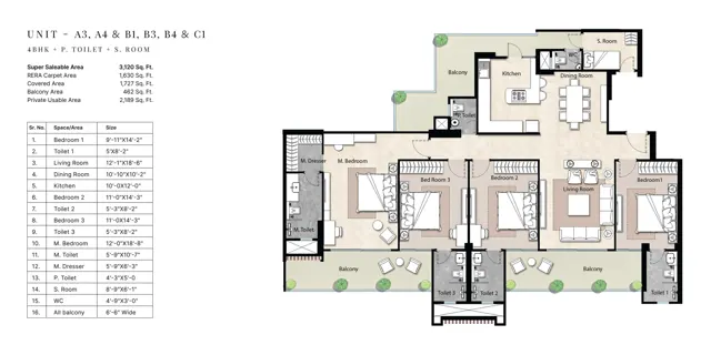 Golf Island 4 BHK + SQ (A3, A4, B1, B3, B4, C1) floor plan