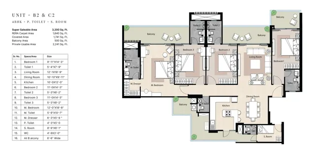 Golf Island 4 BHK + SQ (B2, C2) floor plan