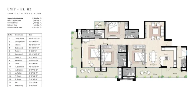 Golf Island 4 BHK + SQ (H1, H2) floor plan