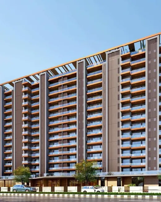 Golf Island — Exterior elevation render of the residential towers from the road