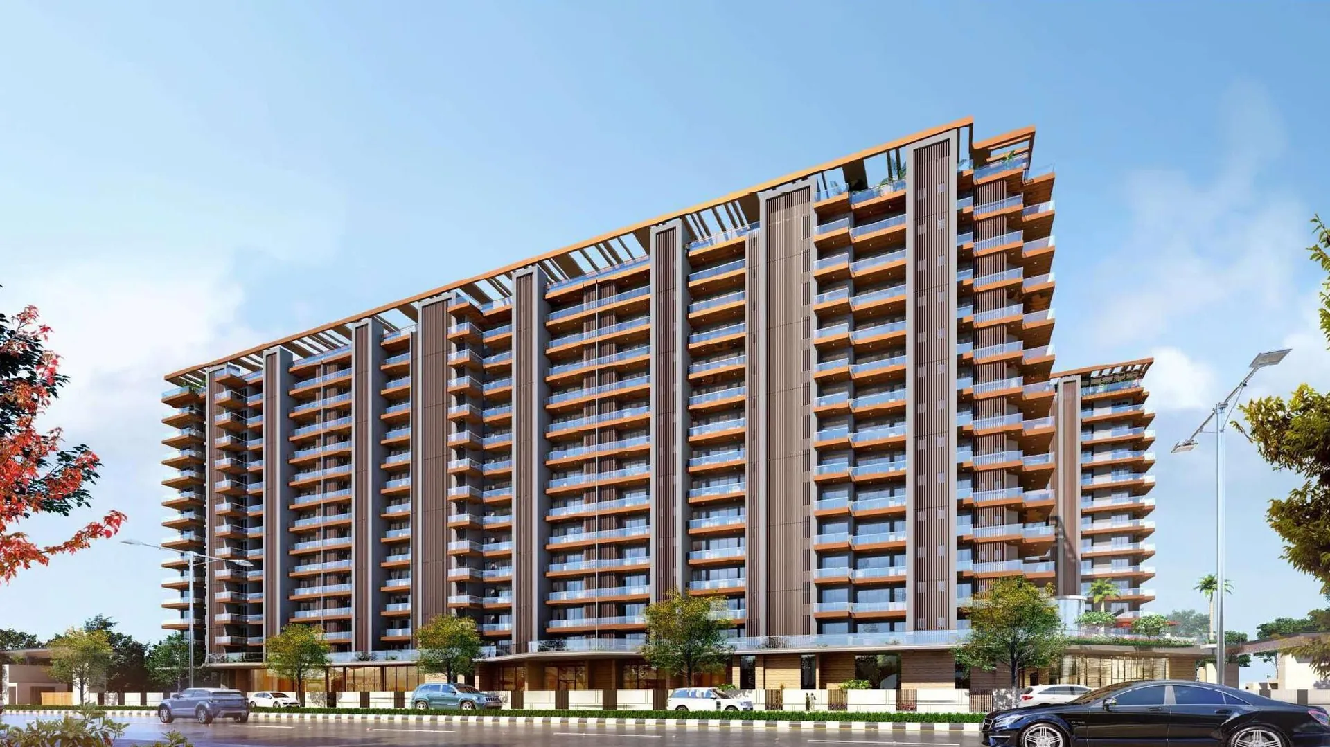 Golf Island — Exterior elevation render of the residential towers from the road