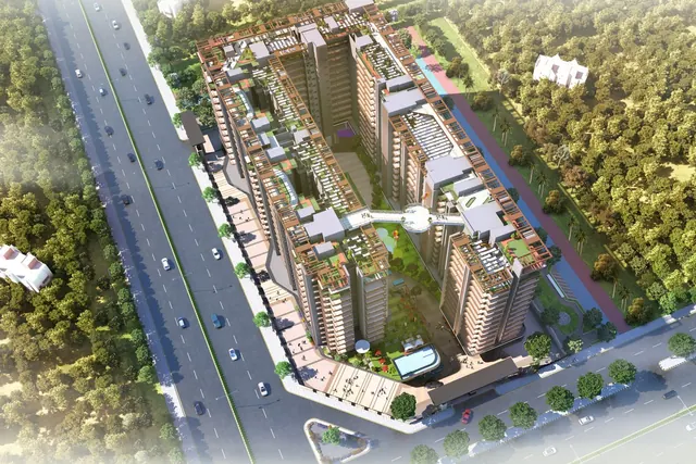 Golf Island — Aerial render of the complete site with central courtyard, sky-bridge and pool