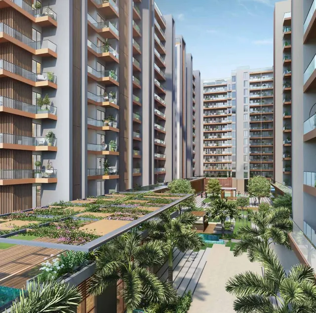 Golf Island — Render of the landscaped central courtyard between the towers