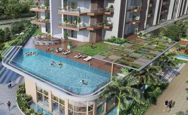 Golf Island — Render of the elevated swimming pool deck at the residents' club