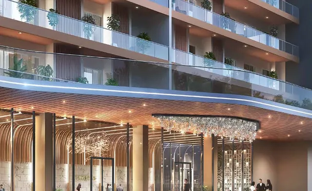 Golf Island — Render of the double-height entrance lobby drop-off
