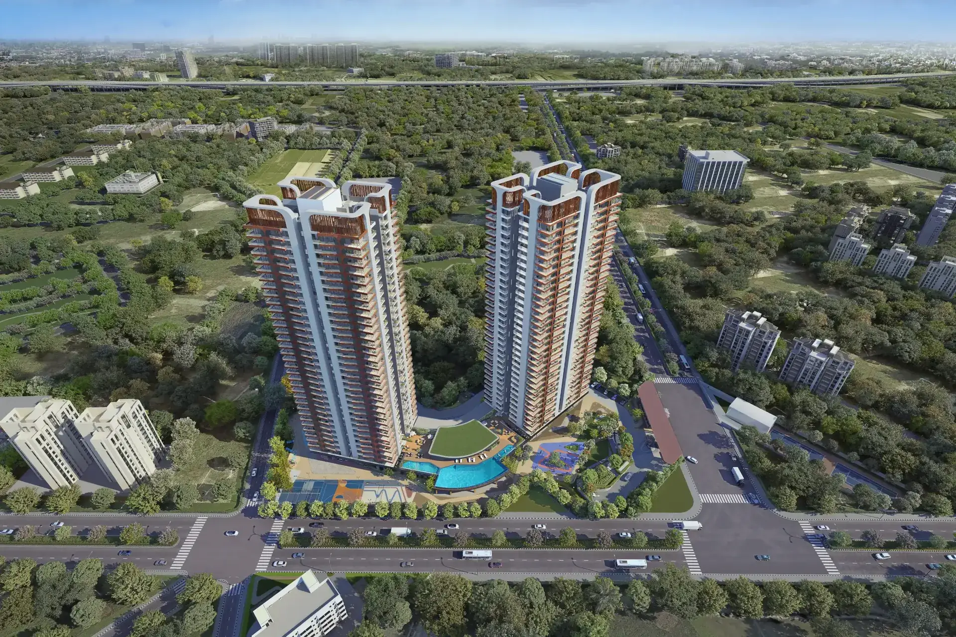 HCBS Twin Horizon — aerial view of twin towers