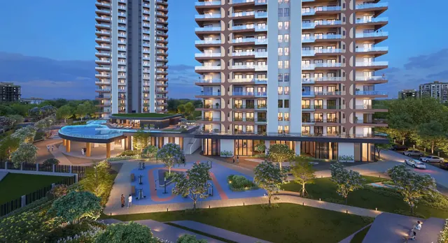 HCBS Twin Horizon — towers and podium at dusk