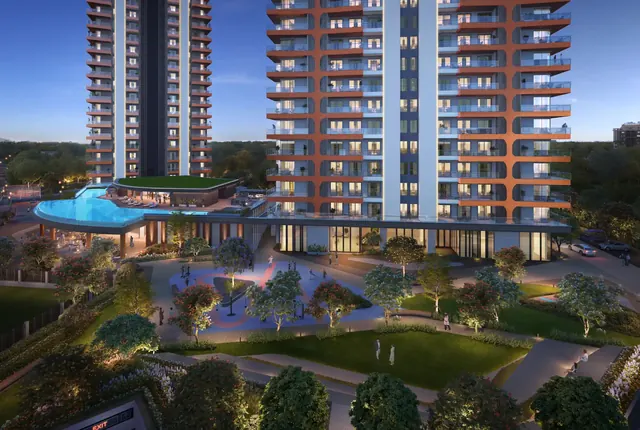HCBS Twin Horizon — tower facade and pool deck at dusk