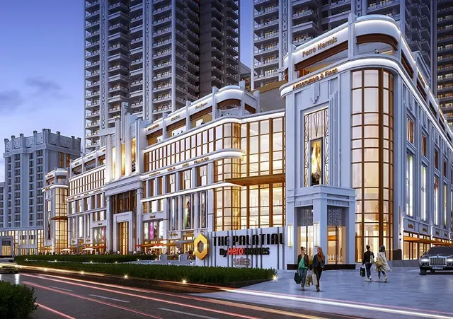 Hero the Palatial — retail/clubhouse facade at dusk
