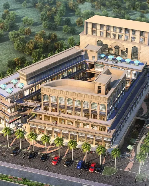 JMS Crosswalk — aerial render of retail complex