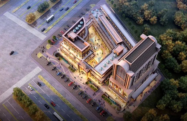 JMS Crosswalk — aerial render at dusk