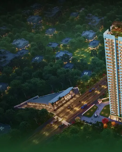 JMS Silver Living — Aerial night view of the tower and entrance, render