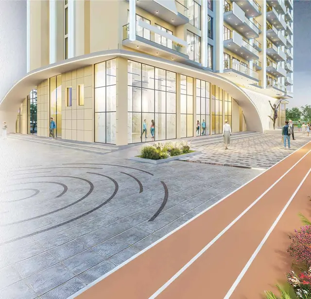 JMS Silver Living — Entrance plaza and walking track, render