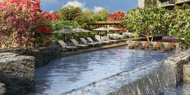 Krisumi Waterfall Residences — pool area with cabanas