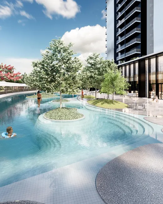 Krisumi Waterfall Suites — tower with organic waterfall pool