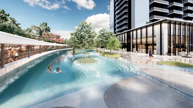 Krisumi Waterfall Suites — tower with organic waterfall pool