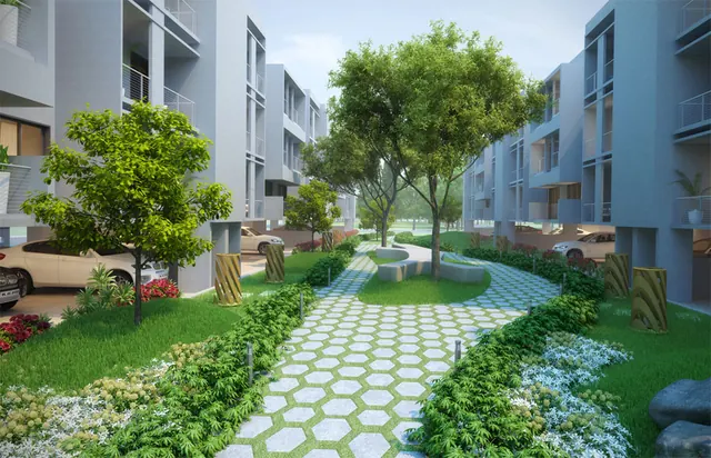 Lotus Woodview Residences — landscaped court between blocks