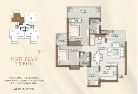 M3M Capital 2.5 BHK + STUDY floor plan