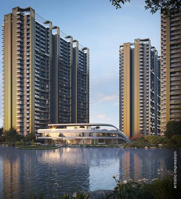 M3M Crown — towers and clubhouse across water