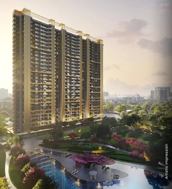 M3M Crown — towers over landscaped gardens (portrait)