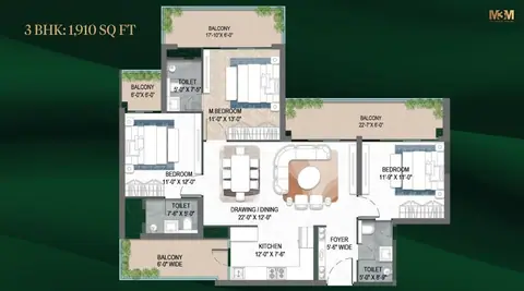M3M Forestia West 3BHK floor plan