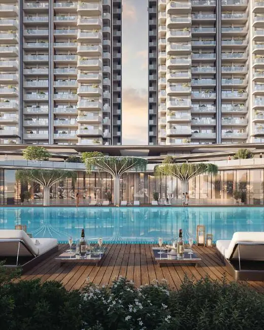 M3M Forestia West — towers over clubhouse and pool