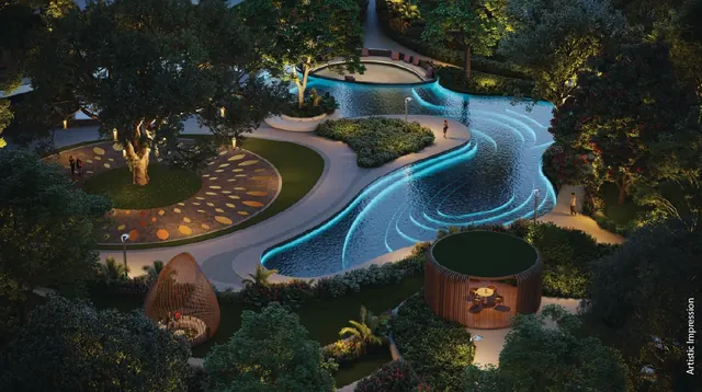 M3M Forestia West — night water garden