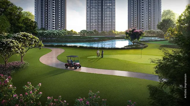 M3M Golf Hills — towers over golf greens and lake