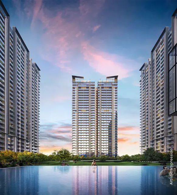 M3M Golf Hills — towers across lake at sunset (portrait)
